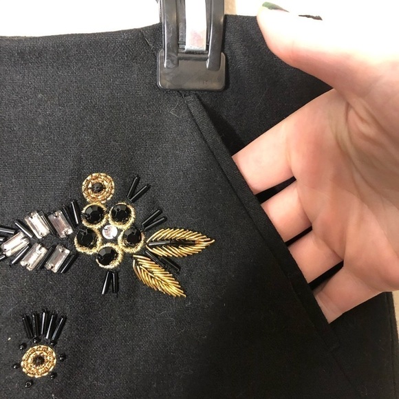 Loft Wool Blend Skirt Attached Beaded Design NWT 2 Black Gold Floral Leaf - Picture 3 of 7